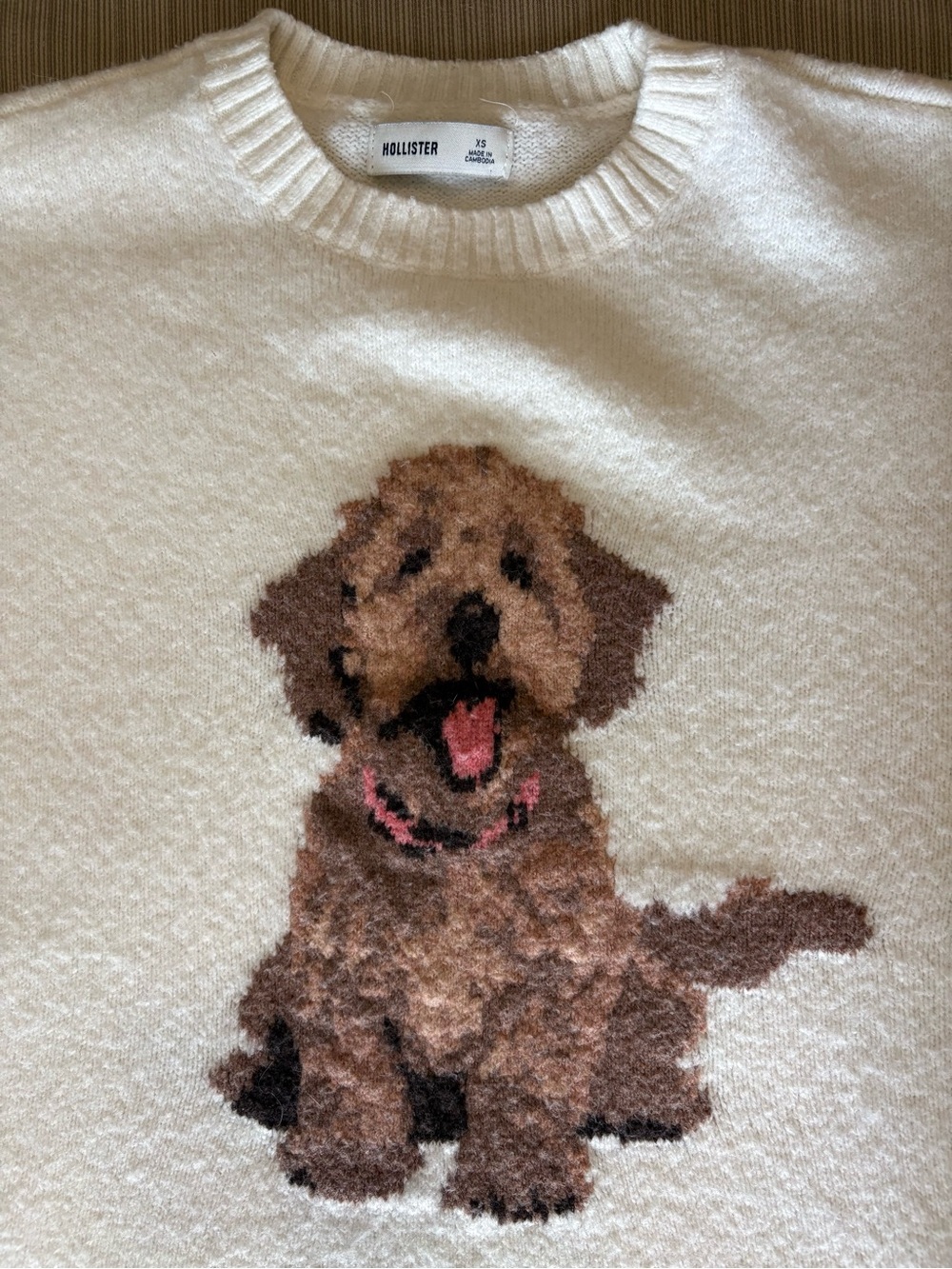 Hollister Cream Crewneck Sweater with Brown Puppy